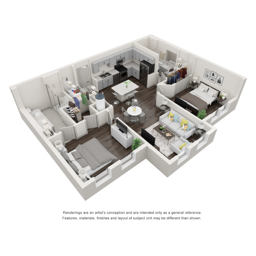 Rendering of the The Shoreline floor plan with 2 bedroom[s] and 2 bathroom[s] at Decorum