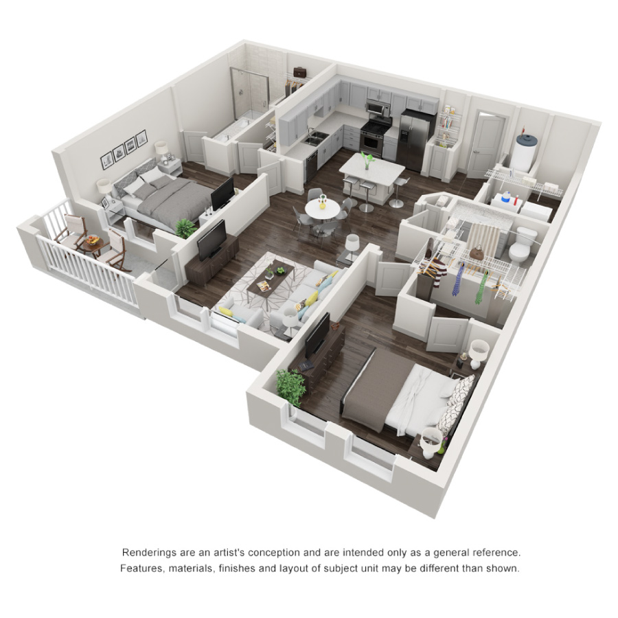 Rendering of the The Tidewater floor plan with 2 bedroom[s] and 2 bathroom[s] at Decorum