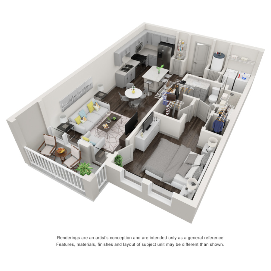 Rendering of the The Breakwater floor plan with 1 bedroom[s] and 1 bathroom[s] at Decorum