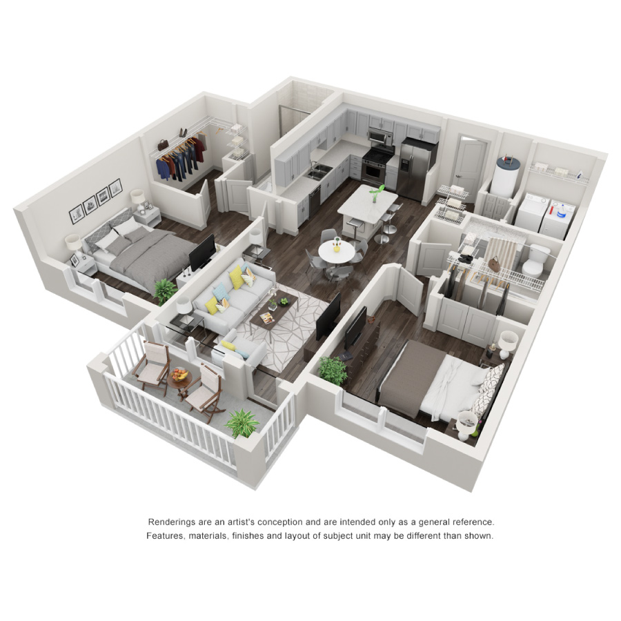 Rendering of the The Harborside floor plan with 2 bedroom[s] and 2 bathroom[s] at Decorum