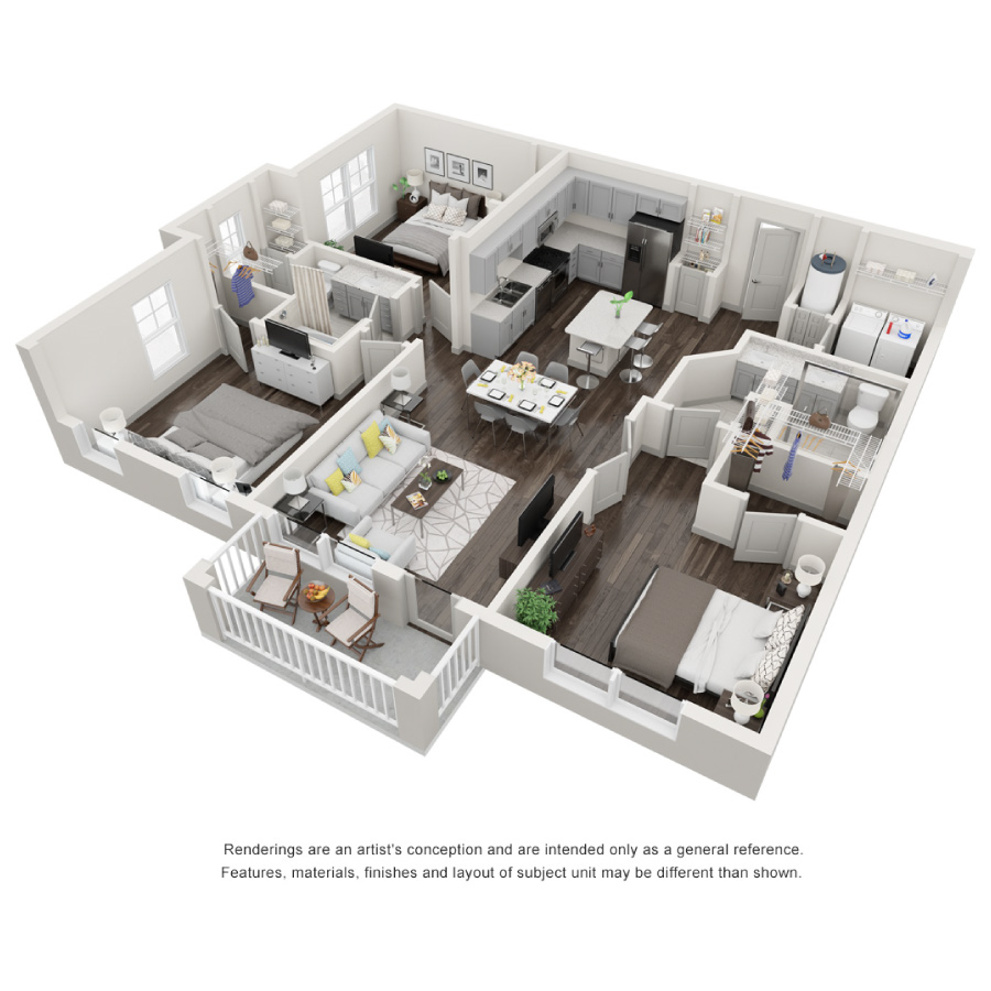 Rendering of the The Retreat floor plan with 3 bedroom[s] and 2 bathroom[s] at Decorum