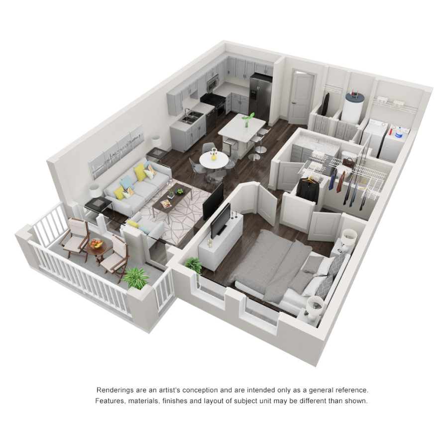 Rendering of the The Bimini floor plan with 1 bedroom[s] and 1 bathroom[s] at Decorum