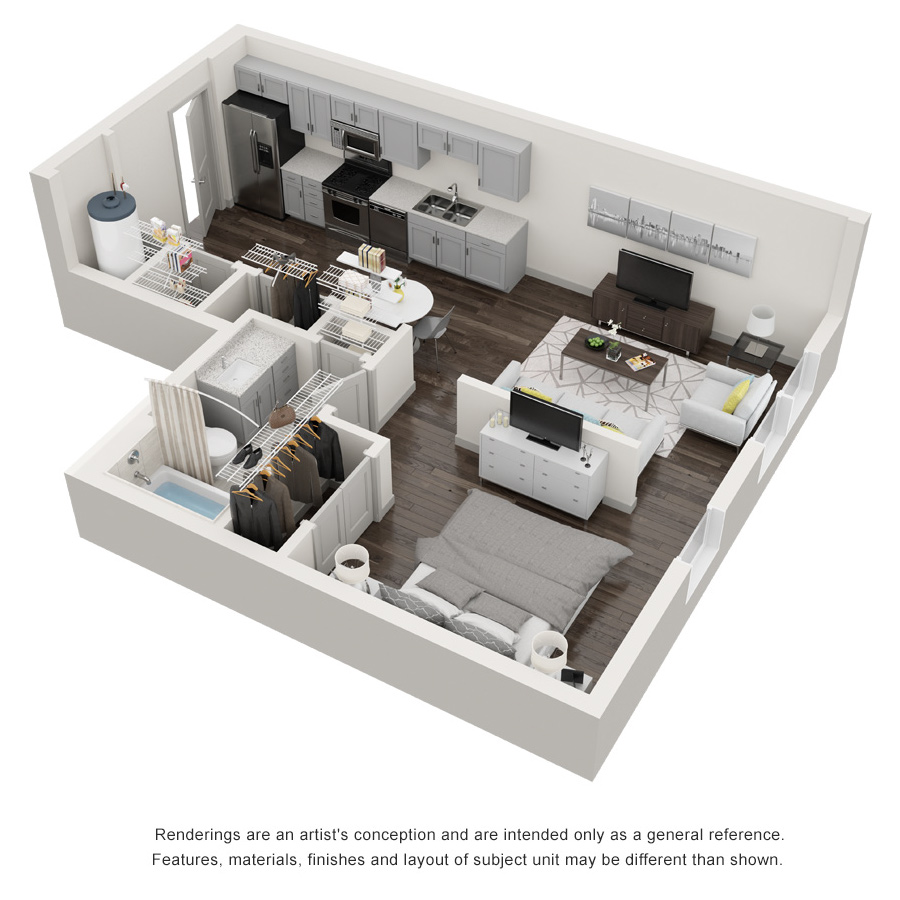 Rendering of the The Castaway floor plan with a Studio bedroom and 1 bathroom[s] at Decorum